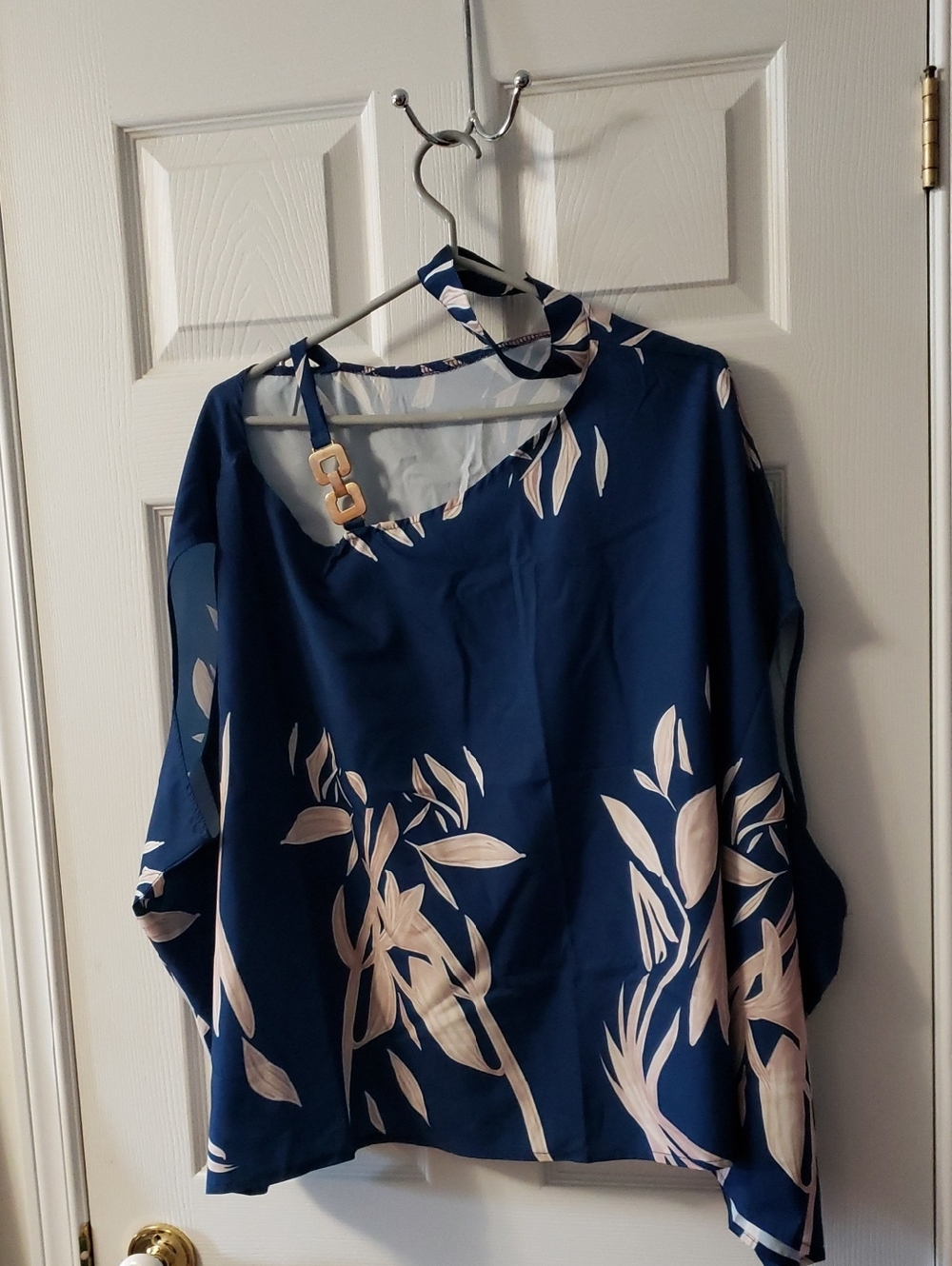 Navy Floral Cold Shoulder Blouse with Chain Detail